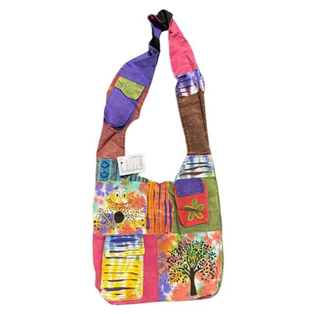 Handmade Razor-Cut Patchwork Hobo Bags With Two Front Pockets - Tree Of Life & Frog Theme image