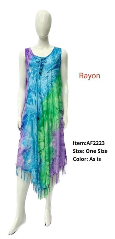 Rayon Neon Tie Dye Embroidered Umbrella Dresses - Blue/Green/Purple image