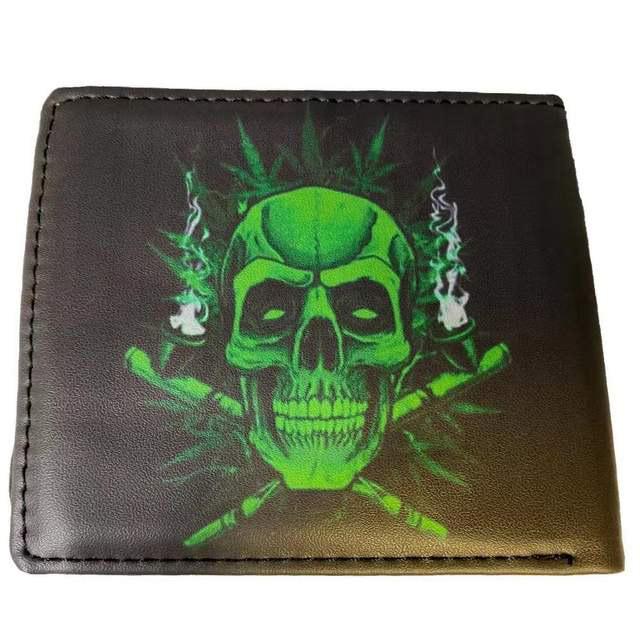 Men's Bi-Fold Faux Leather Wallet - Green Marijuana Skull image