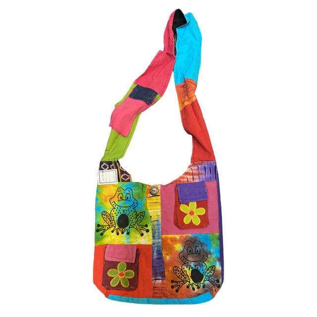 Nepal Handmade Hobo Bags With Front Pockets - Tie Dye Frogs & Flowers image