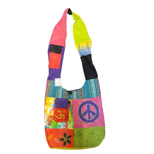Nepal Handmade Hobo Bags With Front Pocket - Peace Sign Flower Patchwork image