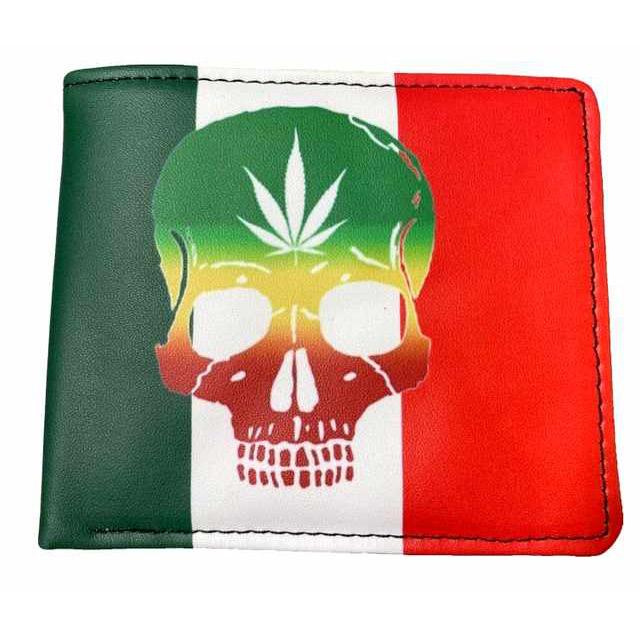 Men's Bi-Fold Faux Leather Wallet - Mexican Flag Marijuana Skull image