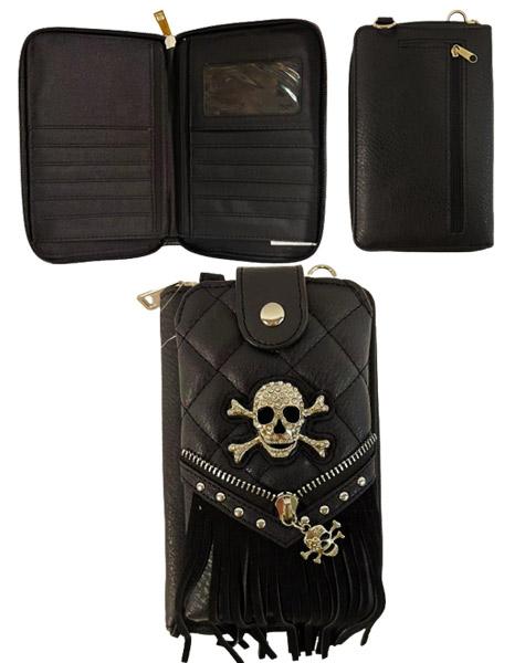Rhinestone Skull Phone Wallet With Fringes - Black image