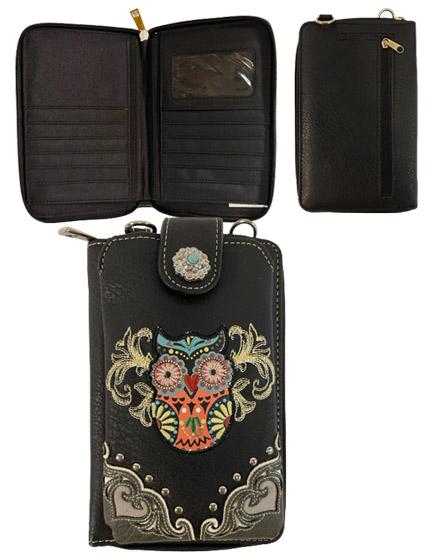 Rhinestone Owl Embroidery Phone Wallet - Black image