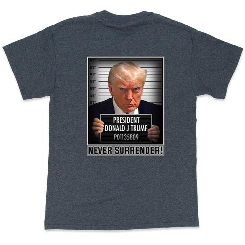 "Never Surrender" Trump Mugshot T-Shirts - Dark Heather XXXL image