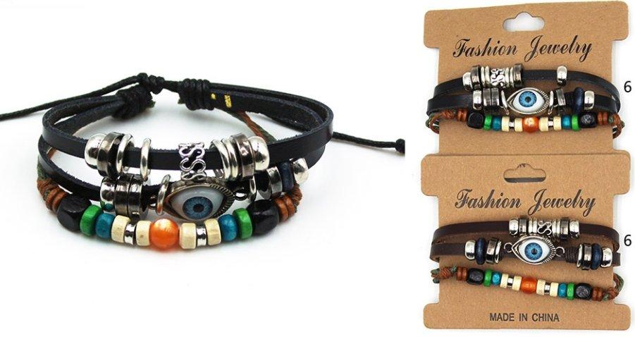 3-In-1 Style Faux Leather Evil Eye Bracelets - Brown & Black image