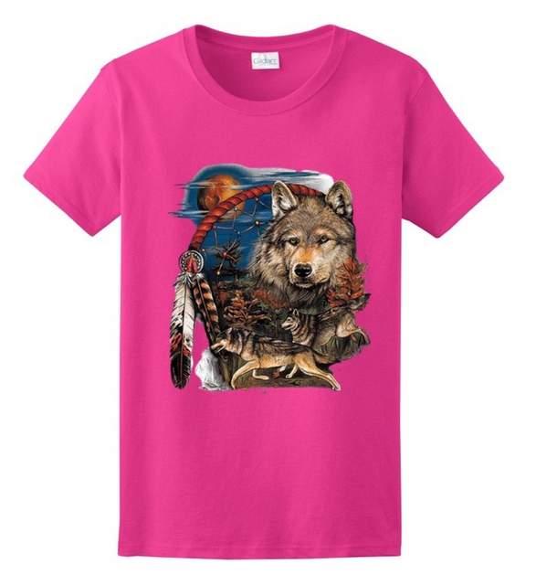 Wolf & Dreamcatcher Tribal Style T-Shirts - Pink M/L/XL image