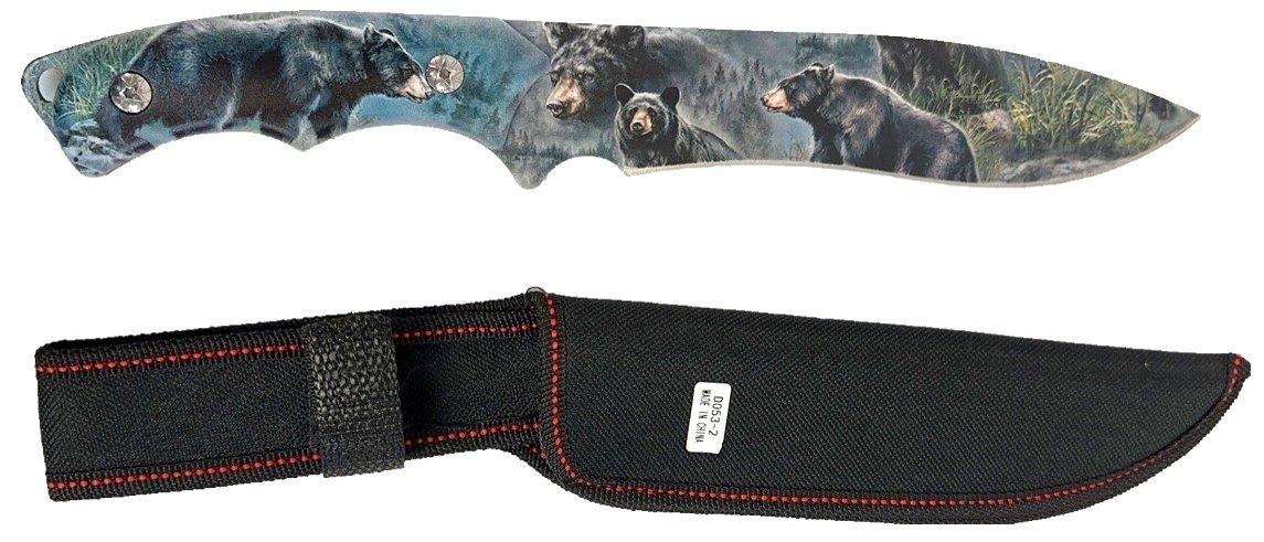 Bear Graphic Hunting Knife With Serrated Edge And Sheath image