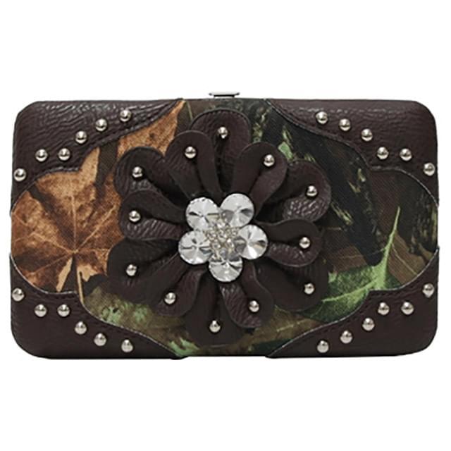 Wholesale Rhinestone Flower Design Camo Print Brown Wallets image