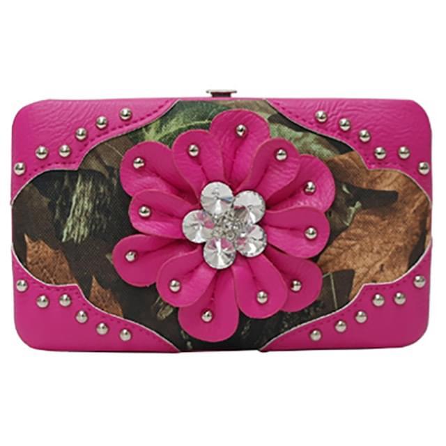 Wholesale Rhinestone Flower Design Camo Print Fuchsia Wallets image