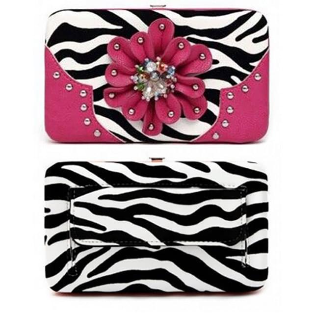 Zebra Print Rhinestone Flower Wallet - Pink image
