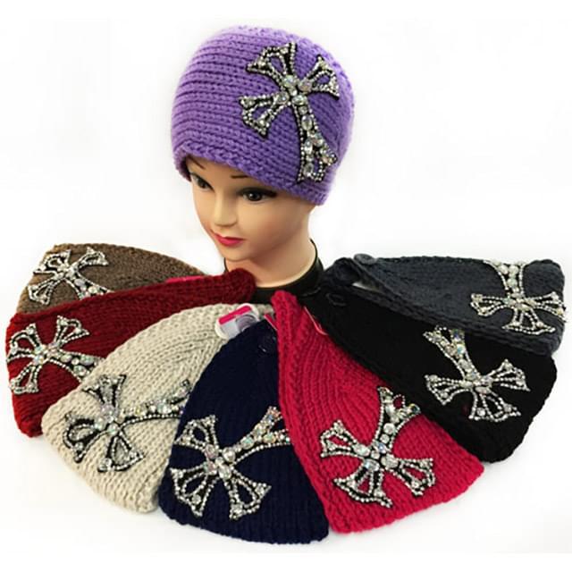 Large Rhinestone Cross Knitted Winter Headbands - Assorted image