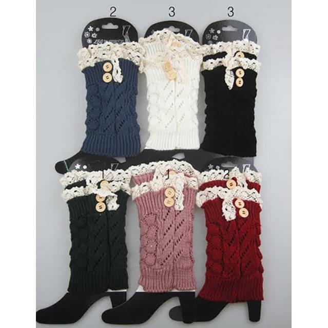 Short Knitted Boot Toppers With Lace Trim & Buttons - Assorted image