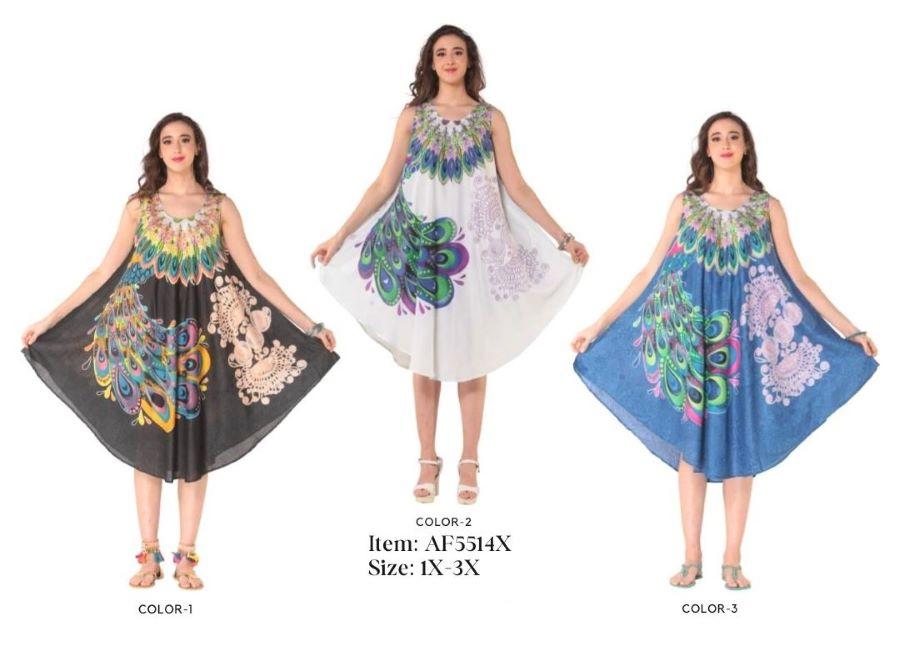 Rayon Peacock Feather Printed Dresses - Assorted image