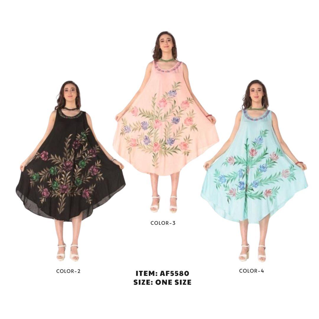 Rayon Multicolor Leaf & Flower Dresses - Assorted image