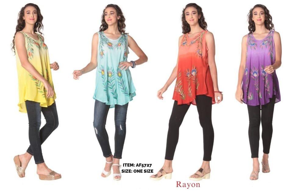 Tie Dye Rayon Tops With Peacock Feather Print - Assorted image