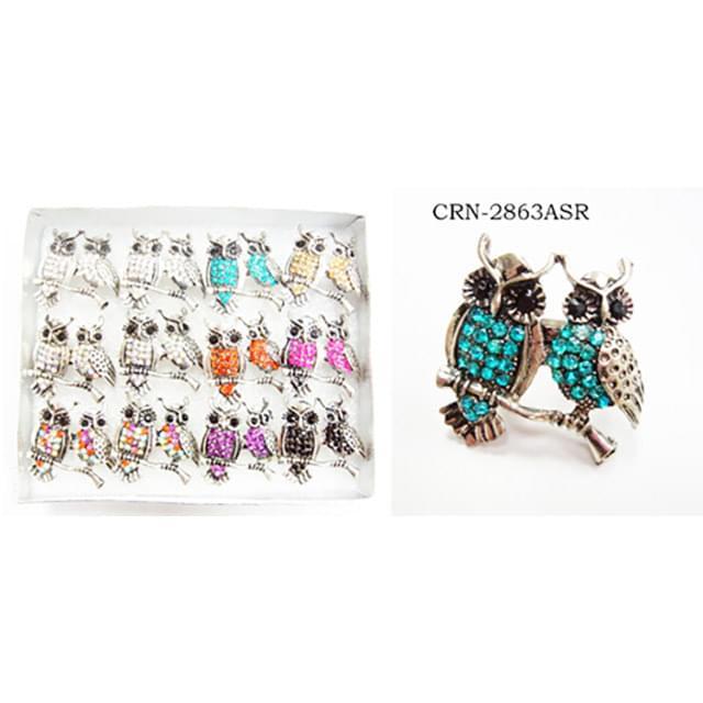 Two Owls On Branch Rhinestone Fashion Rings - Assorted image