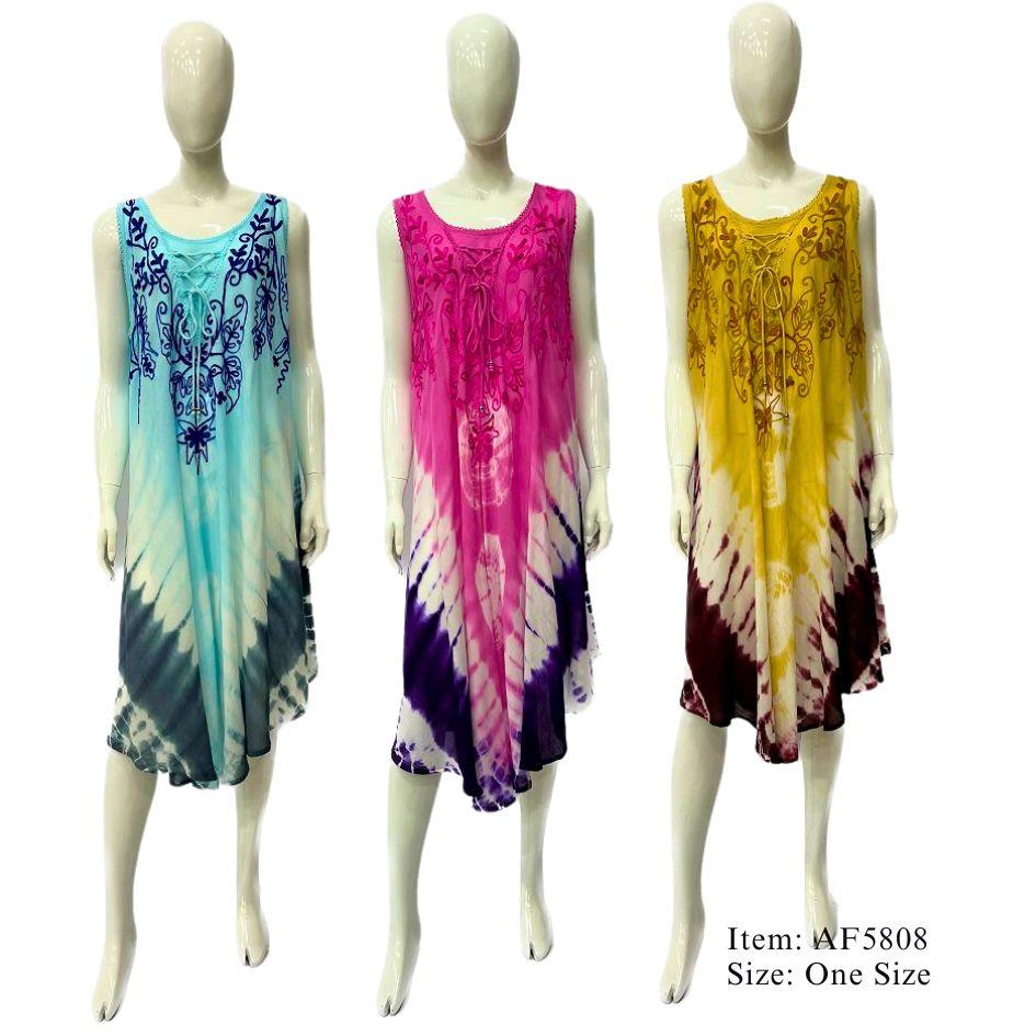 Rayon Tie Dye Lace Necktie Umbrella Dresses - Assorted image