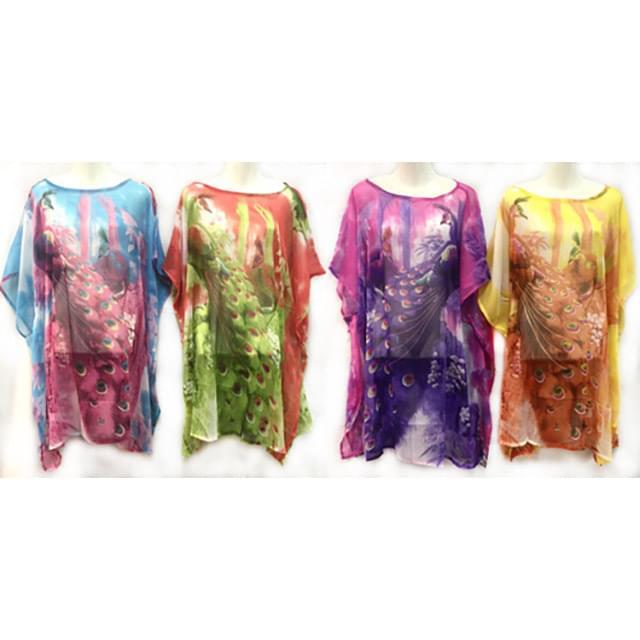 Colorful Peacock Print Chiffon Coverups - Assorted image