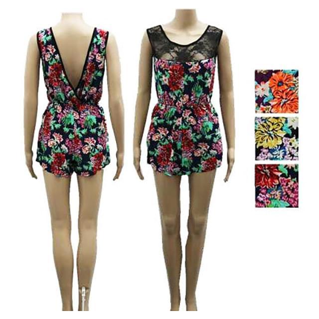 Multicolor Lace Back Floral Rompers - Assorted image