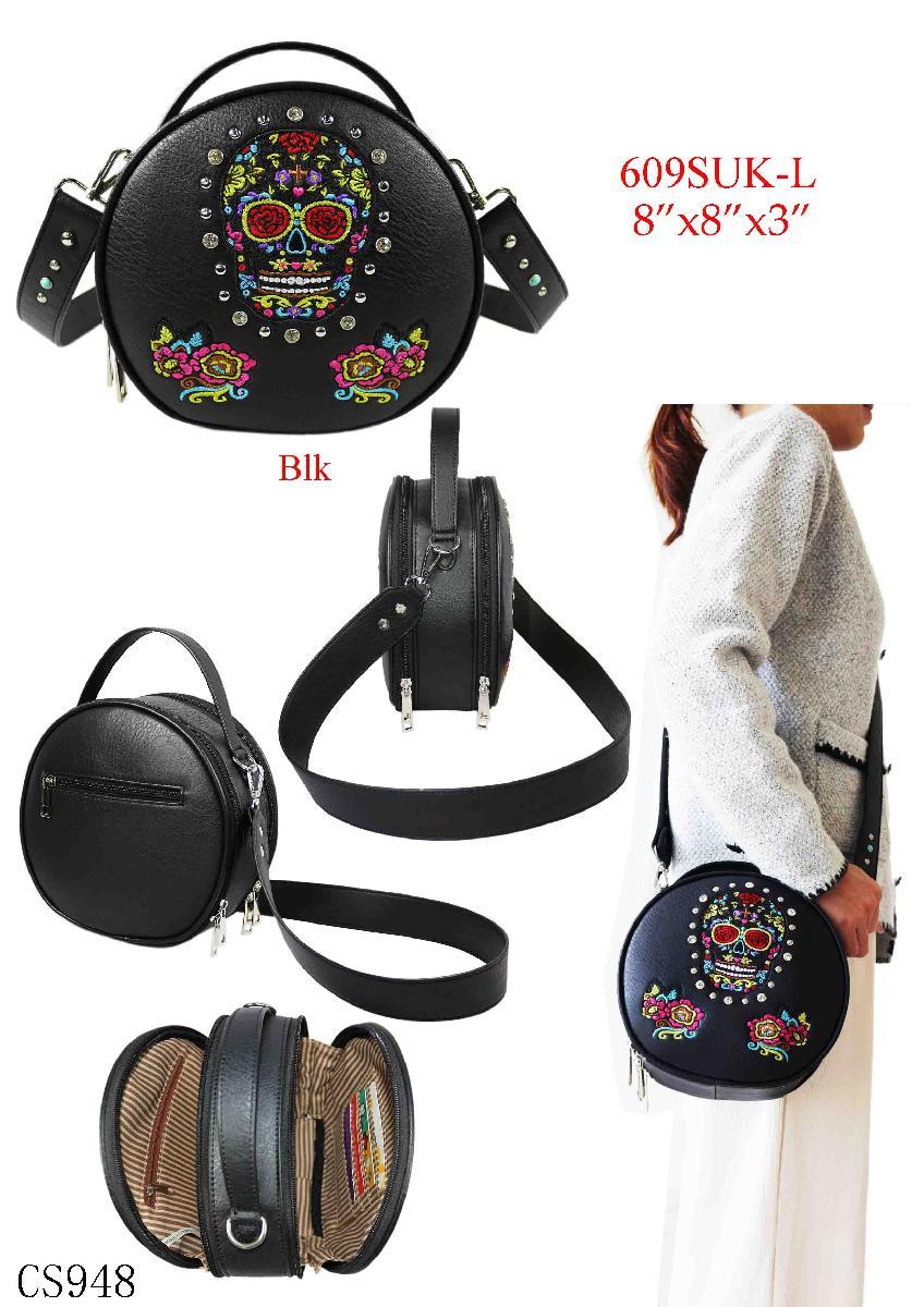 Colorful Sugar Skull Round Crossbody Bag - Black image