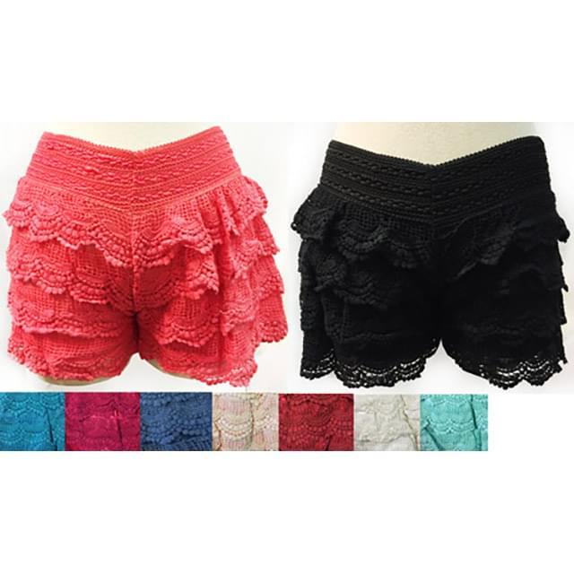 Solid Color Layered Crochet Shorts - Assorted image