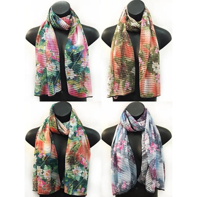 Sectional Texture Scarves With Multicolor Lotus Flower Print - Assorted image