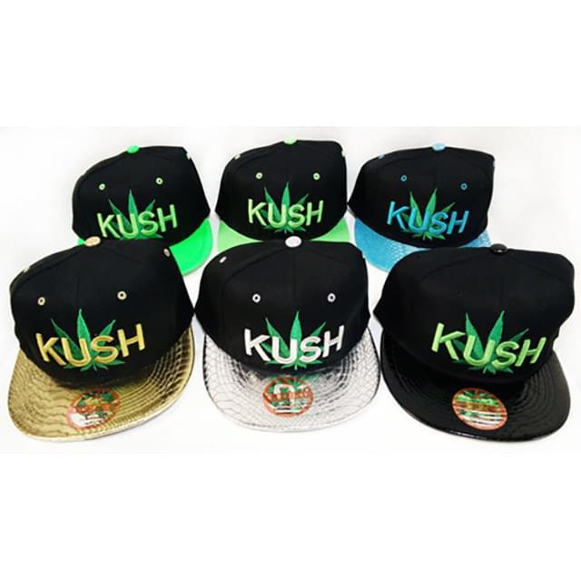 "Kush" Marijuana Leaf Flat Bill Snapback Hats - Assorted Colors image