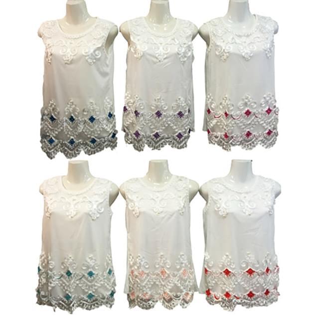 Satin Victorian Embroidery Sleeveless Shirts - Assorted image