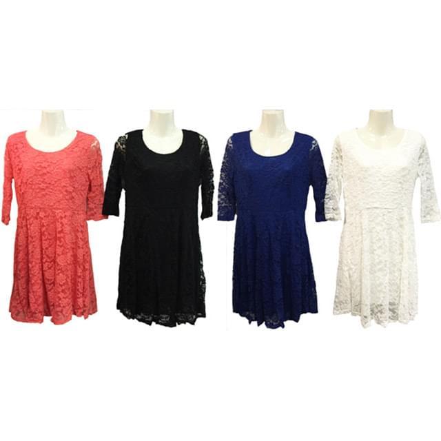 Solid Color Floral Pattern Lace Dresses With Sleeves - Assorted image