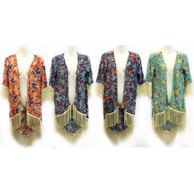 Multicolor Flower Print Chiffon Coverups With Fringes - Assorted image