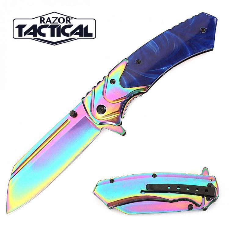 Rainbow Blade Titanium Coated Spring-Assisted Knife - Blue Pearl Handle image