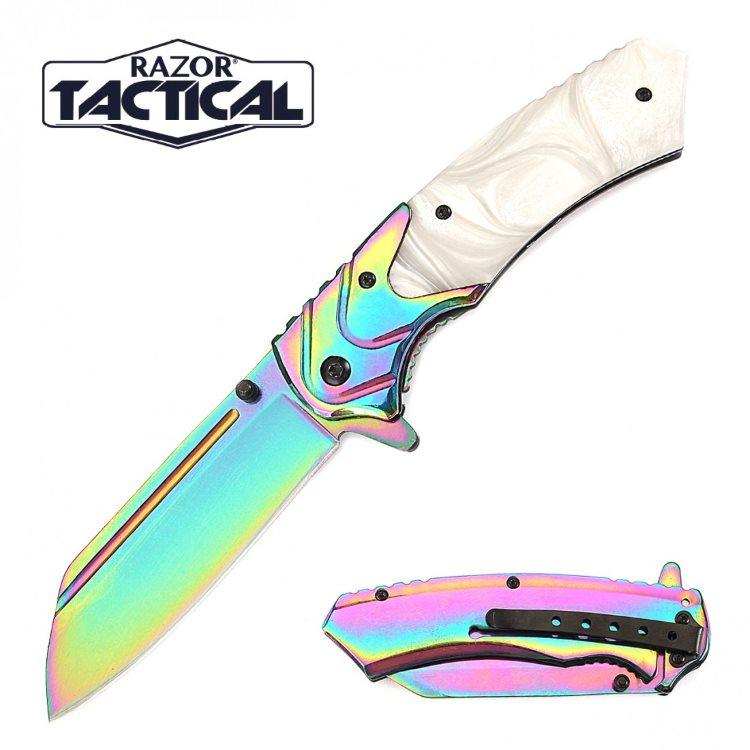 Rainbow Blade Titanium Coated Spring-Assisted Knife - White Pearl Handle image