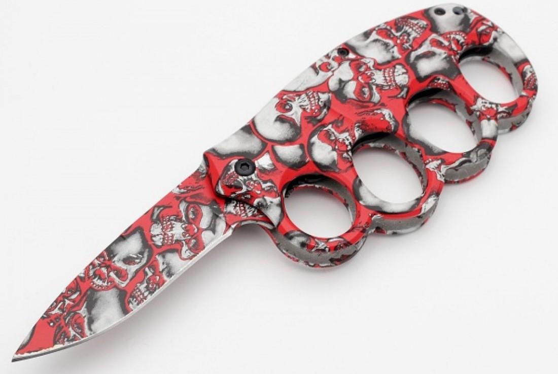 4.5" Spring-Assisted Finger Guard Knife - Red Skull image
