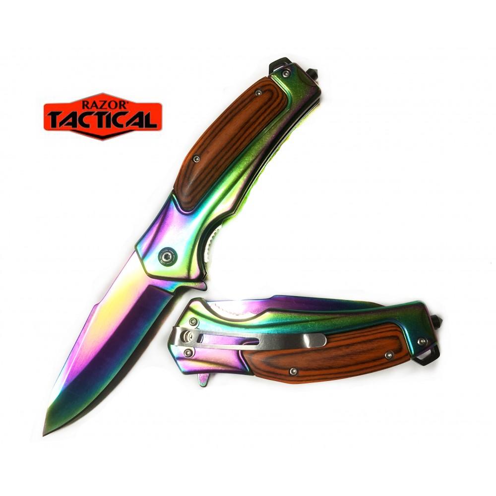 Rainbow Blade Spring-Assisted Knife With Wood Inlay Handle image