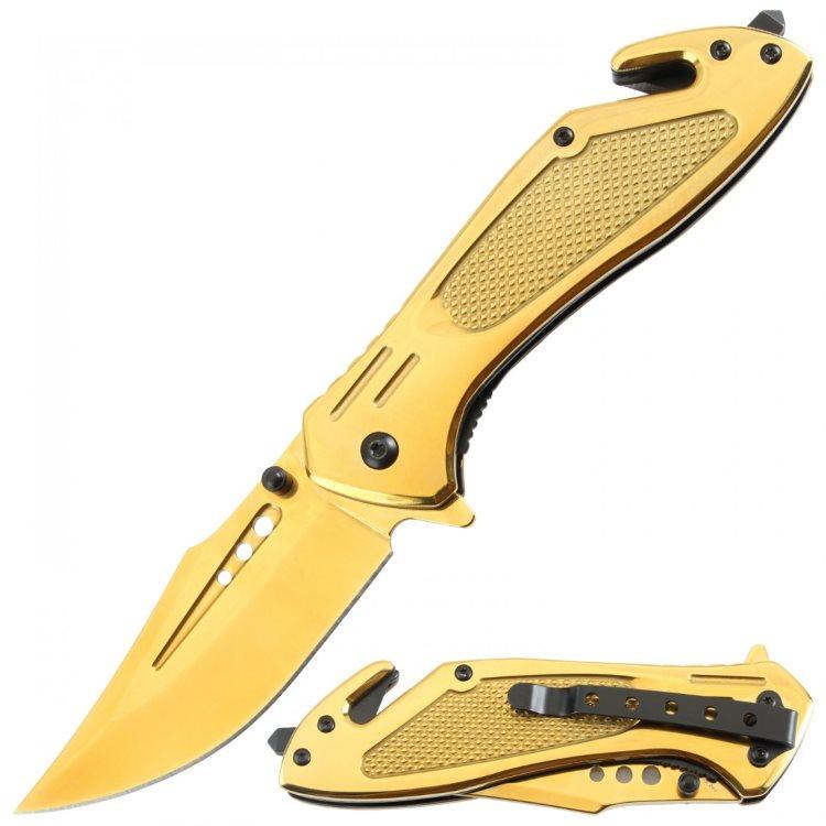 Spring-Assisted Clip Point Knife With Titanium Coated Handle - Gold image