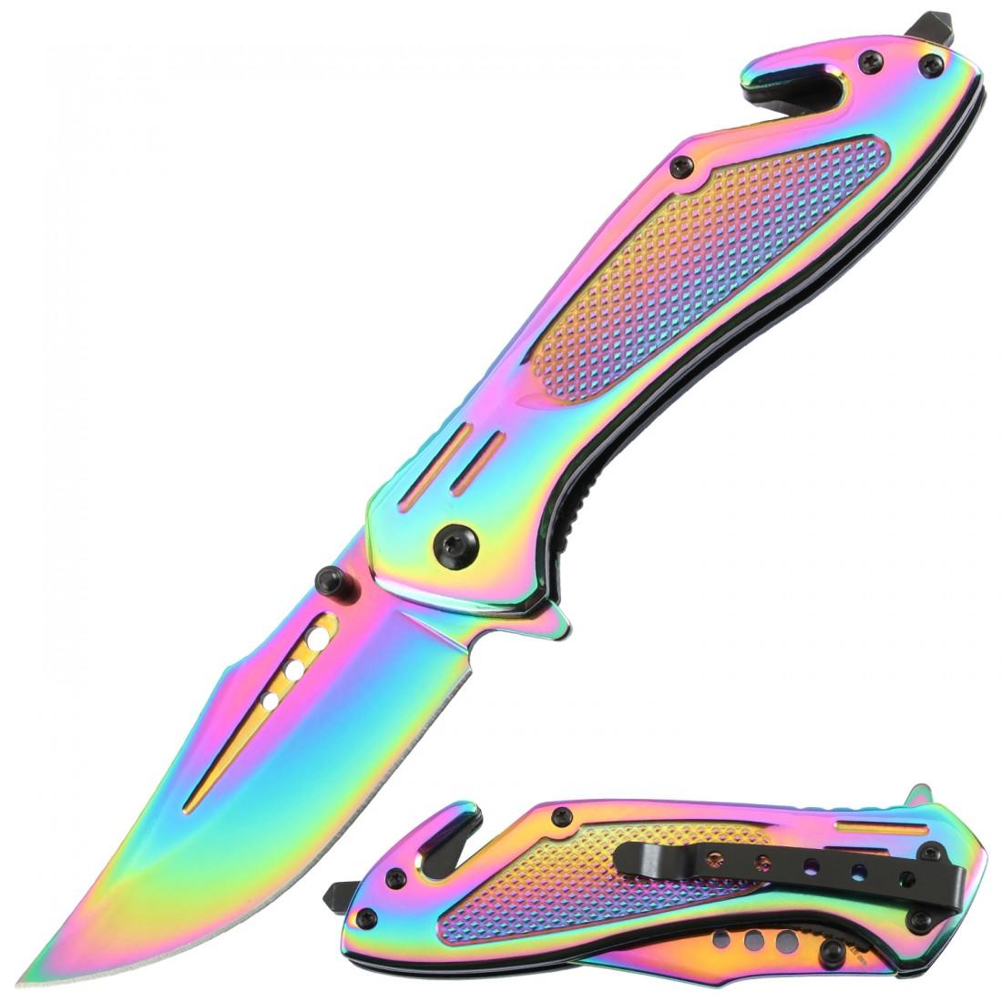 Spring-Assisted Clip Point Knife With Titanium Coated Handle - Rainbow image