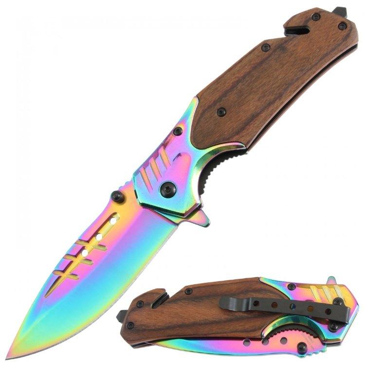 Titanium Blade Spring-Assisted Knife - Brown Pakkawood Handle image