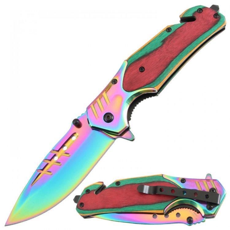 Titanium Blade Spring-Assisted Knife - Colorful Pakkawood Handle image