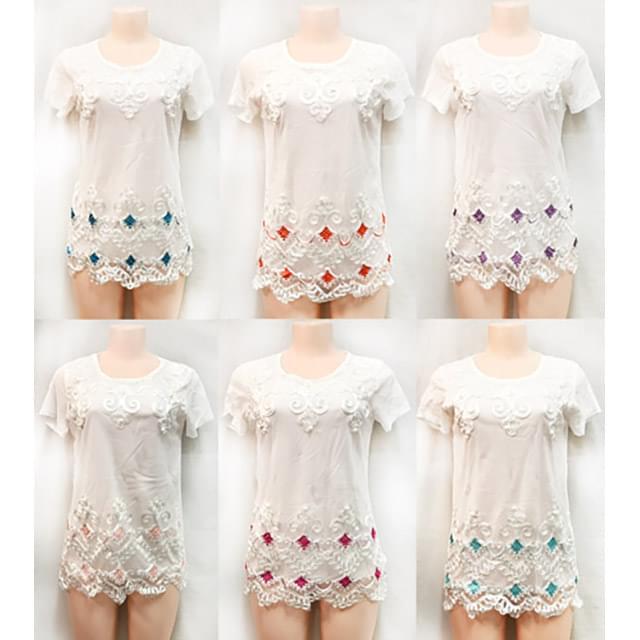 Satin Victorian Embroidery Short Sleeve Shirts - Assorted image