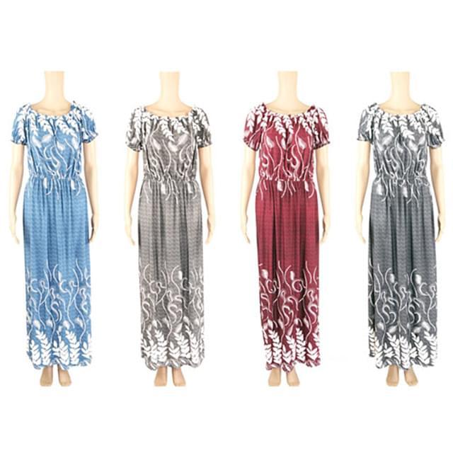 Floral Leaf Print Short Sleeve Long Dresses - Assorted image