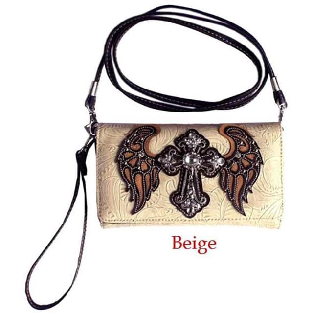 Rhinestone Cross Angel Wings Wallet - Beige image