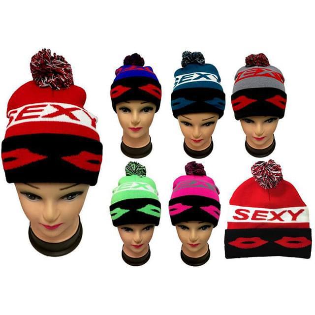 "Sexy" Knitted Beanie Hats With Pom Pom image