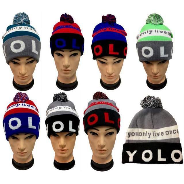 "YOLO" Knitted Winter Beanie Hats With Pom Pom image