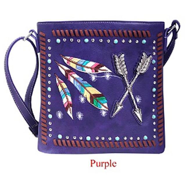 Embroidered Sling Purse With Feathers And Arrows - Purple image