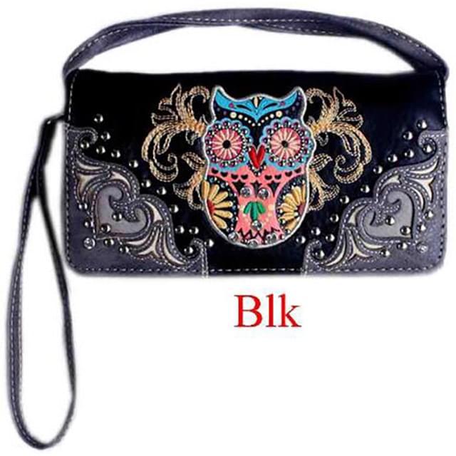 Colorful Owl Embroidery Wallet - Black image