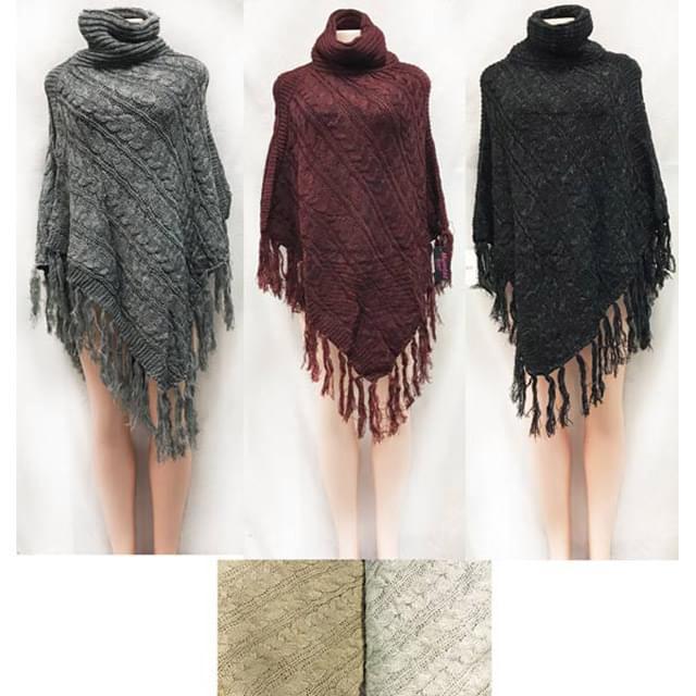 Cable Knitted Turtleneck Ponchos - Assorted image