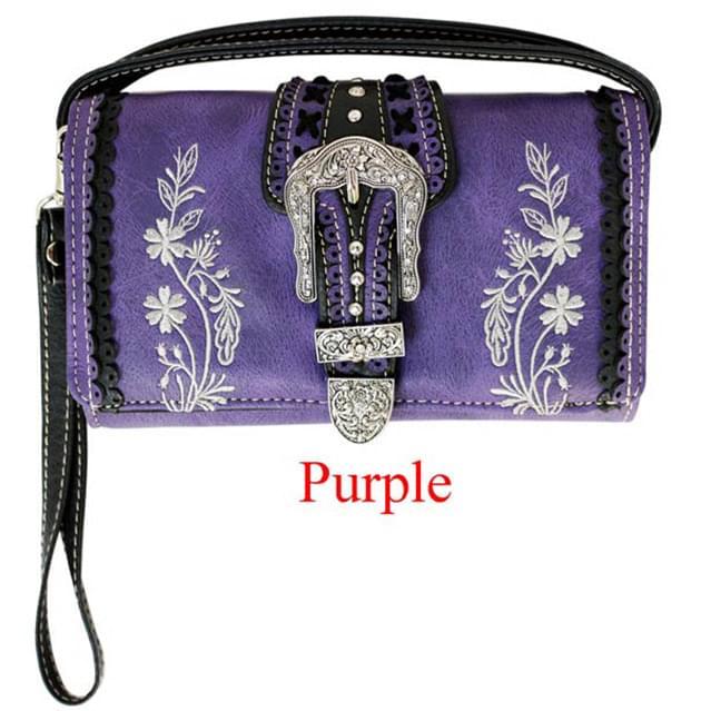 Floral Embroidery Western Wallet With Buckle - Purple image
