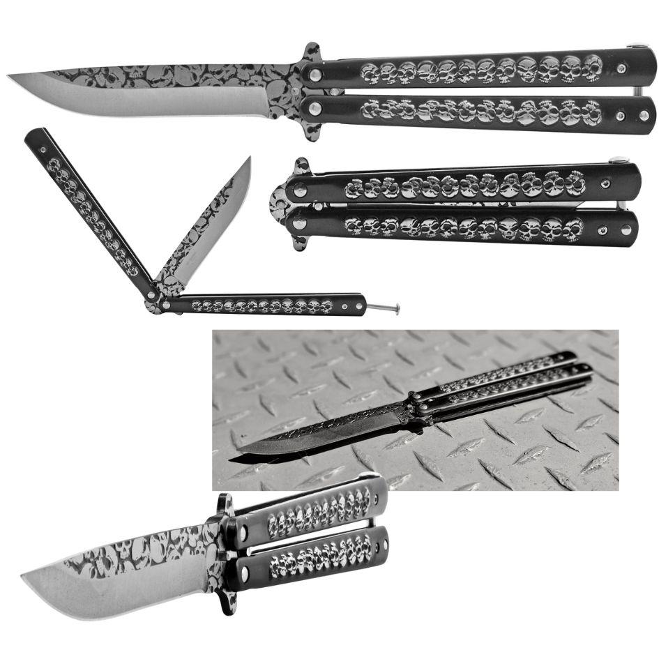 5.25" Stainless Steel Skull-Embossed Butterfly Pocket Knife - Black image
