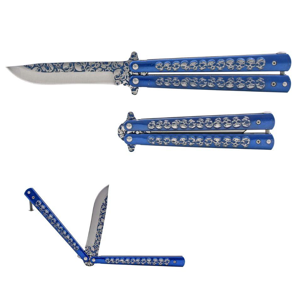5.25" Stainless Steel Skull-Embossed Butterfly Pocket Knife - Blue image